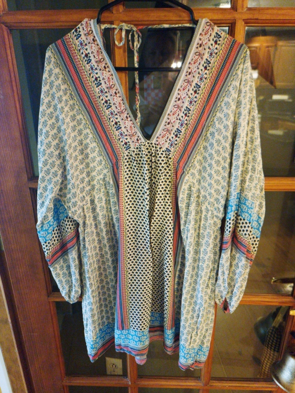 Boho Printed V-Neck Tunic Top - Blue/Pink/Green Multi